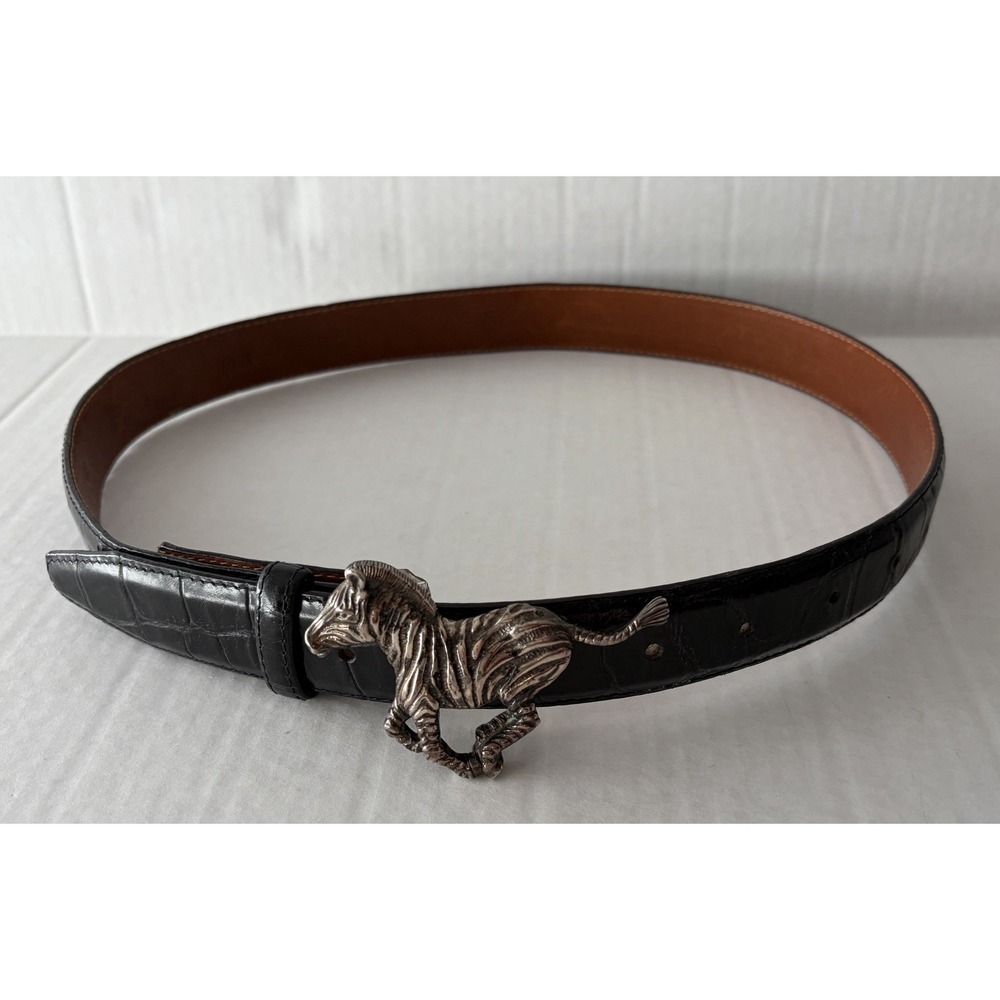 Wathne Sterling Silver Zebra Belt Buckle Black Croc Leather Belt Mens 32 Rare